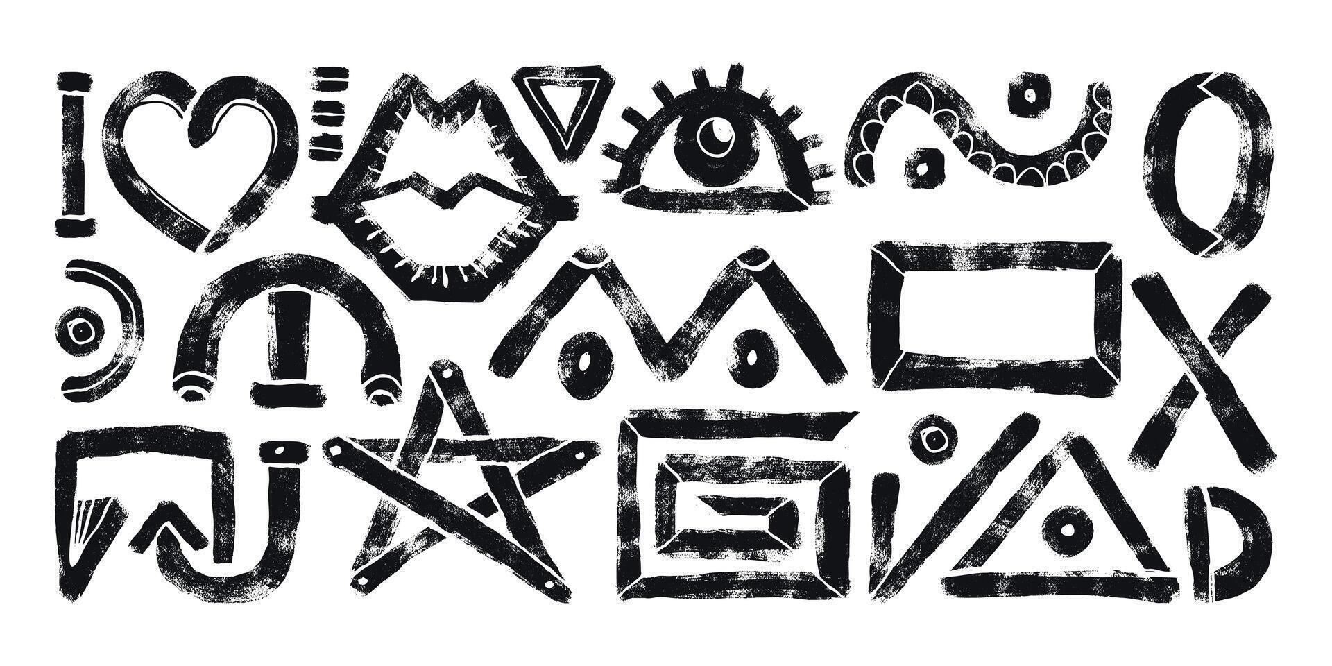Grunge Abstract Black Forms Hand Drawn with Bold Brush Strokes. Geometric silhouettes on a white background. Playful and modern design drawn with thick lines vector