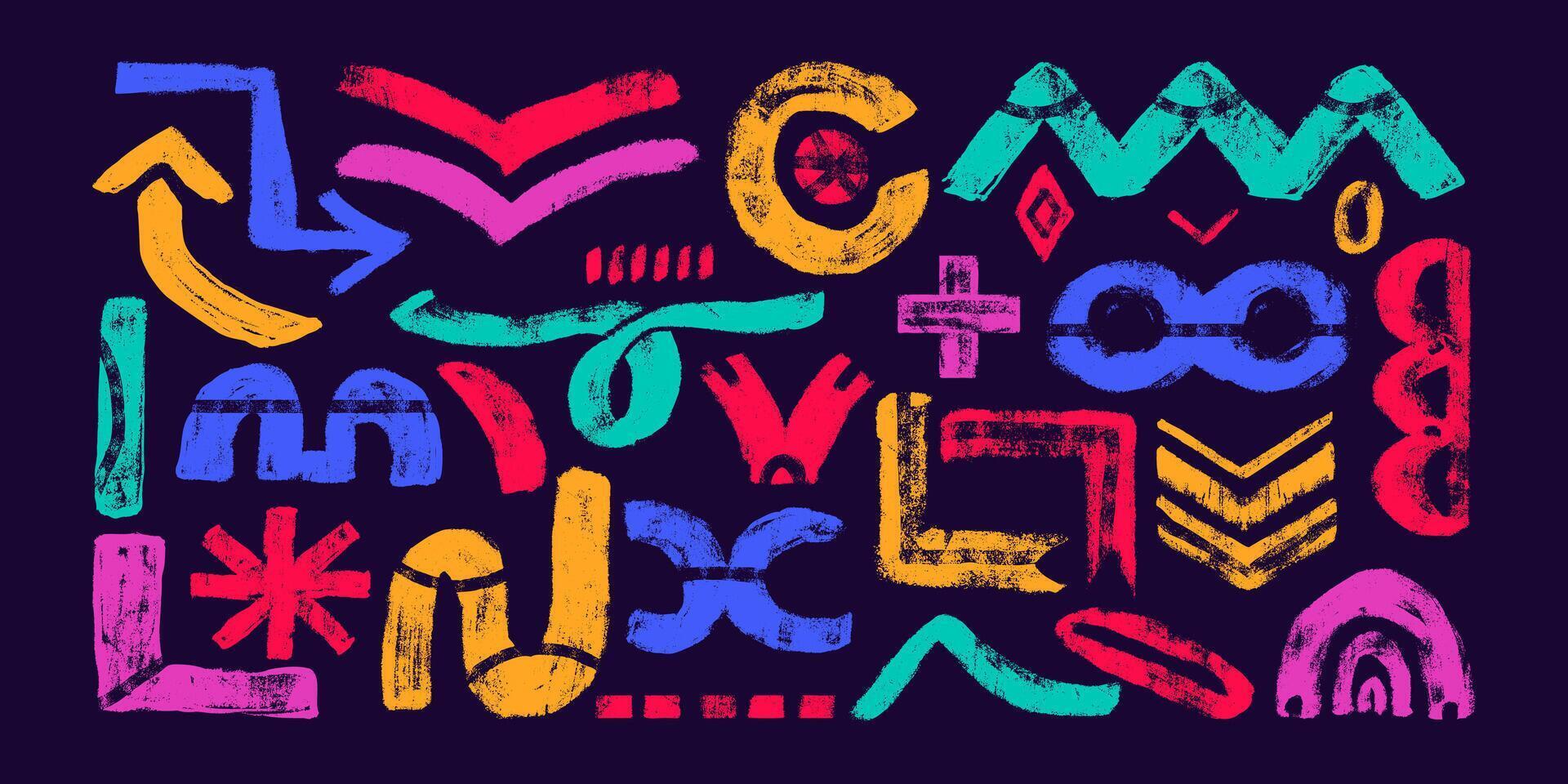 Colorful Grunge Freehand Abstract Shapes with Bold Brush Strokes. Vibrant geometric doodles on a dark purple background. Playful and modern design drawn with thick lines vector