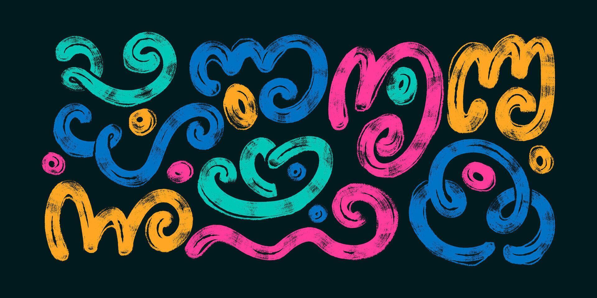 Hand Drawn Grunge Squiggle Lines with Bold and Vibrant Retro Colors. Geometric curly doodles on a dark background. Playful and modern design drawn with thick lines vector