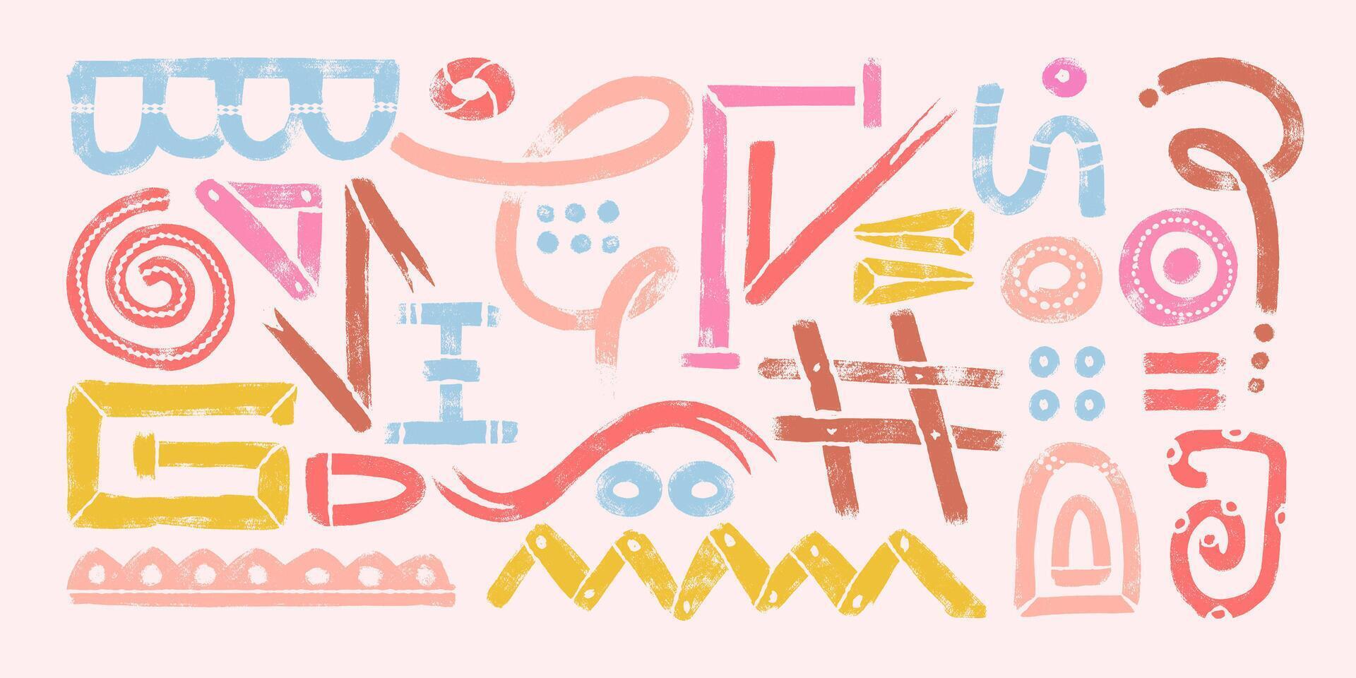 Hand Drawn Grunge Abstract Line Silhouettes with Bold Pastel Brush Strokes. Vibrant geometric shapes on white background. Playful and modern design drawn with thick lines vector