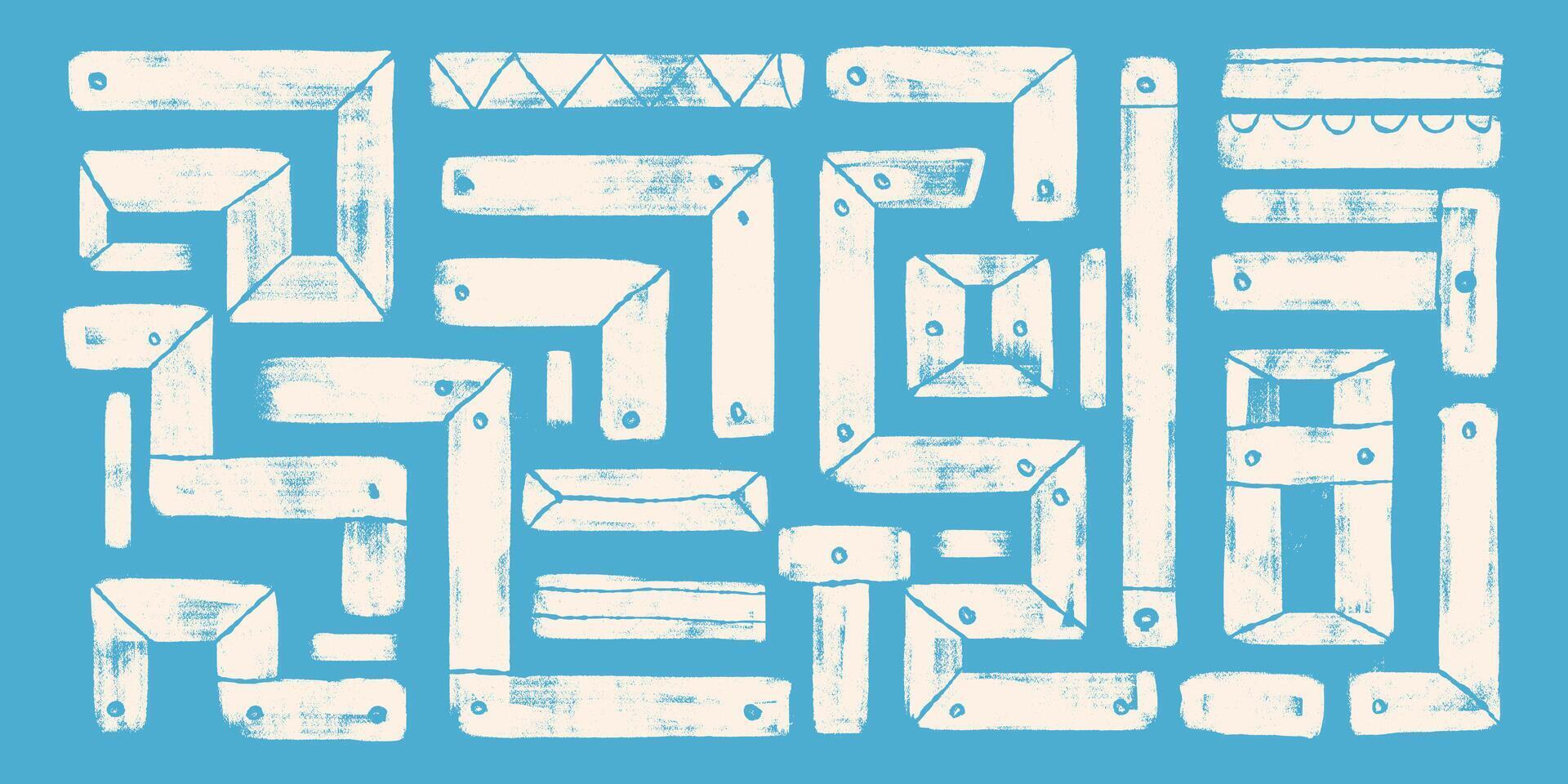 Simple Hand drawn Geometric Bold Brush Lines with Grunge Texture. Vibrant geometric shapes on a blue background. Playful and modern design drawn with thick lines vector