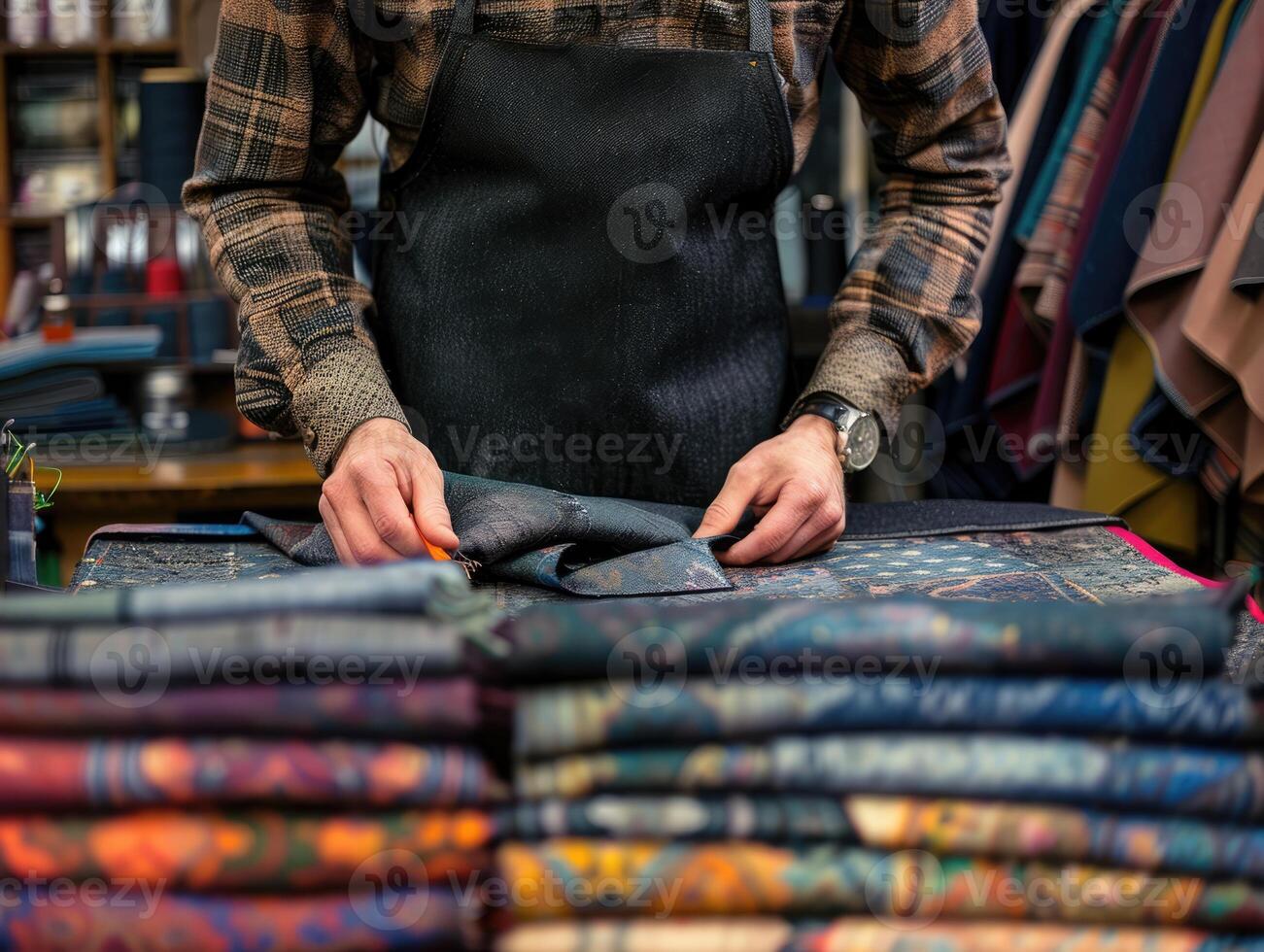 Tailor at work in shop focusing on fabric with stacks of textiles in the background photo