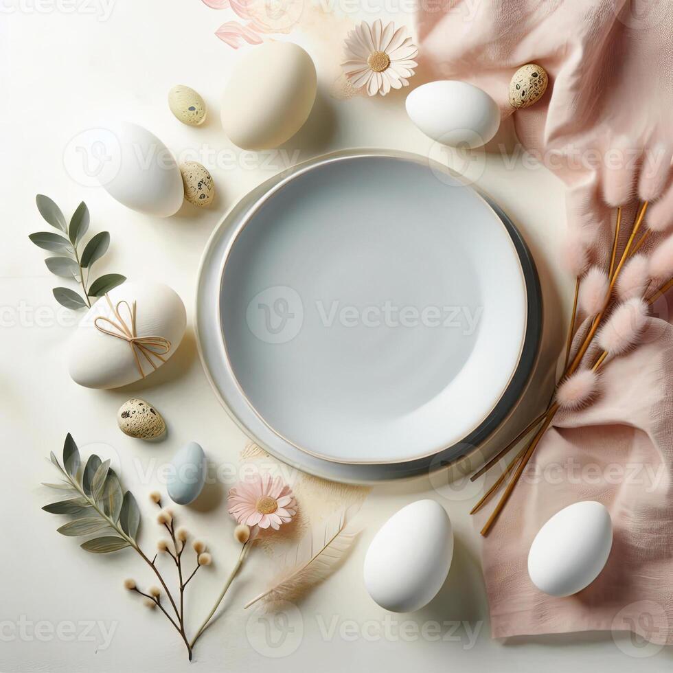 Easter eggs and flowers on a white table photo