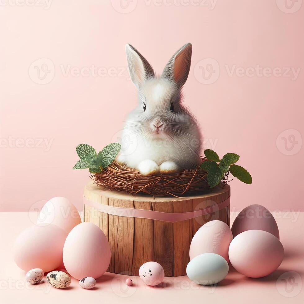 A white rabbit sitting in a nest with eggs photo