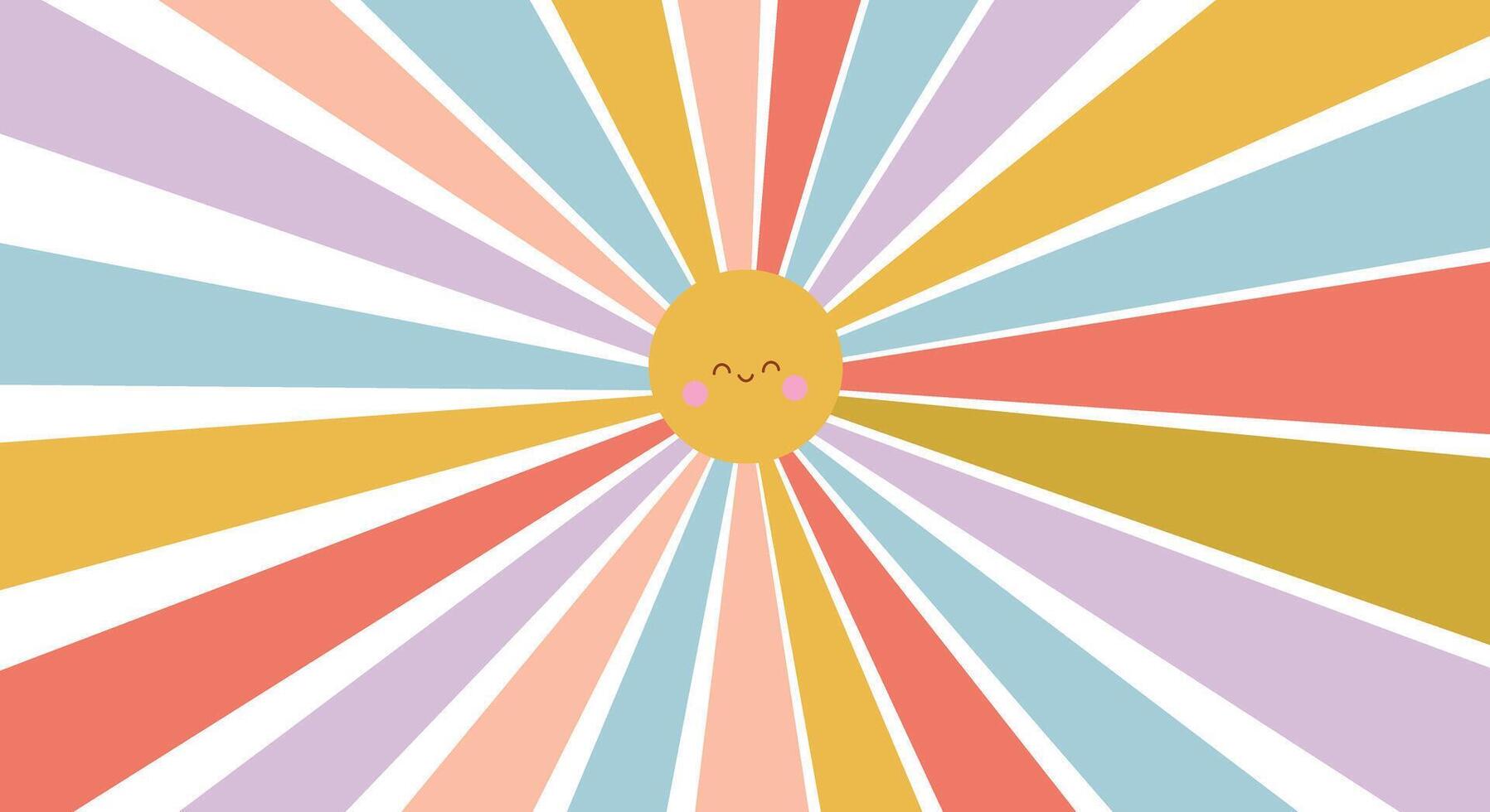 Smiling Sun with Colorful Rays Retro Sunburst Background. vector