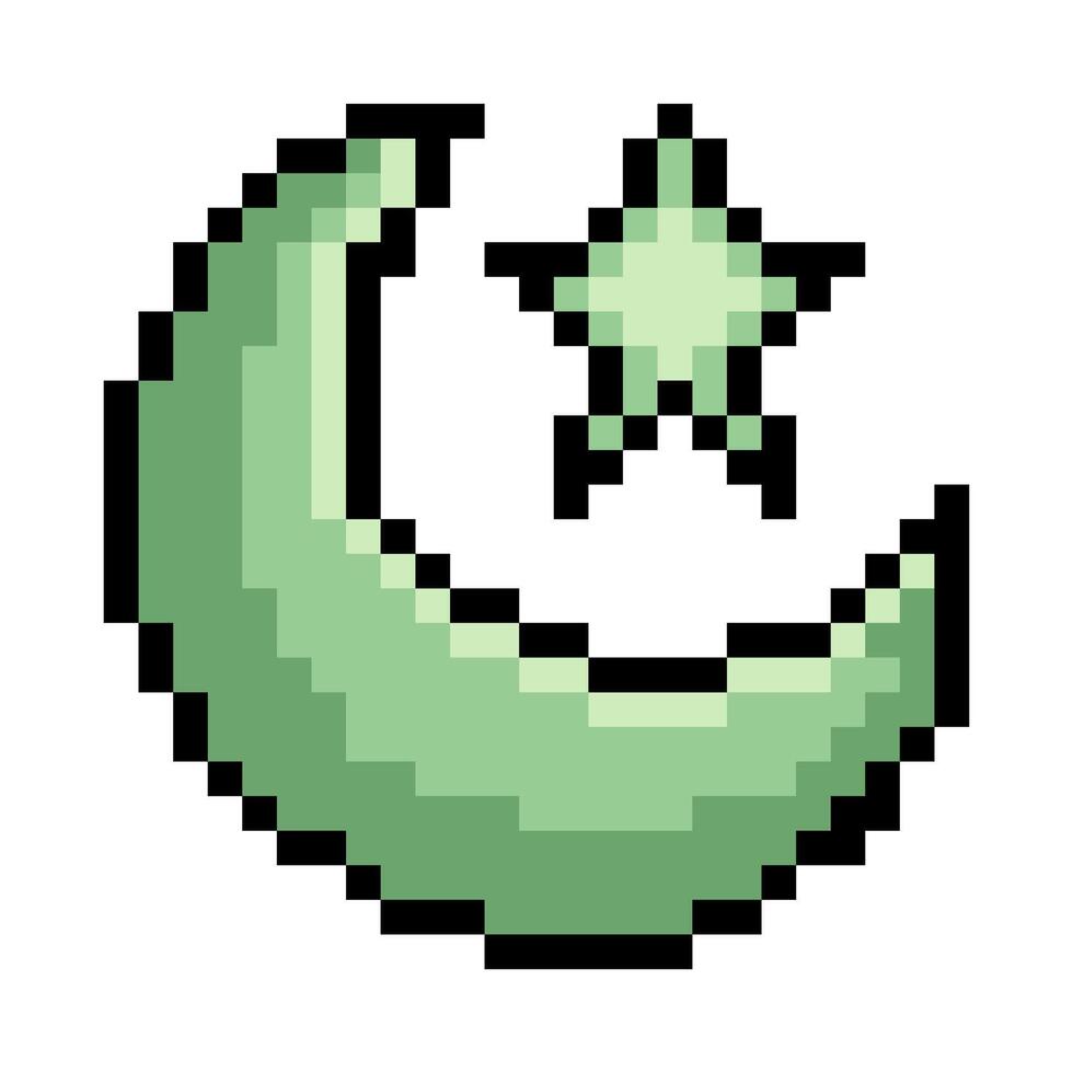 Crescent moon and star shape in pixel art vector