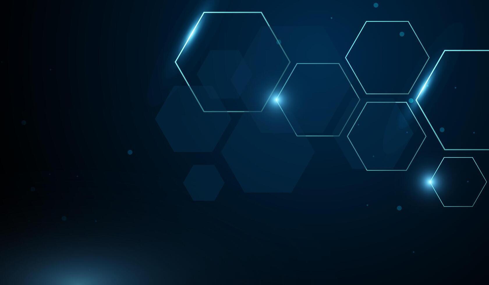 A sleek composition of geometric hexagons with a sci-fi glow against a deep blue background. The interconnected shapes suggest technology, innovation, and data visualization. vector