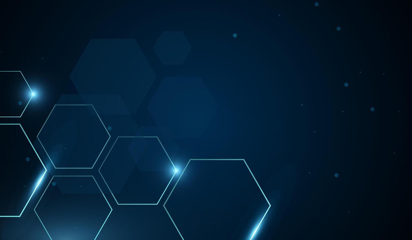 A dark blue digital background with glowing hexagonal outlines. A collection of neon blue hexagons floats in a dark space. Small light particles are scattered across, giving a high-tech. vector