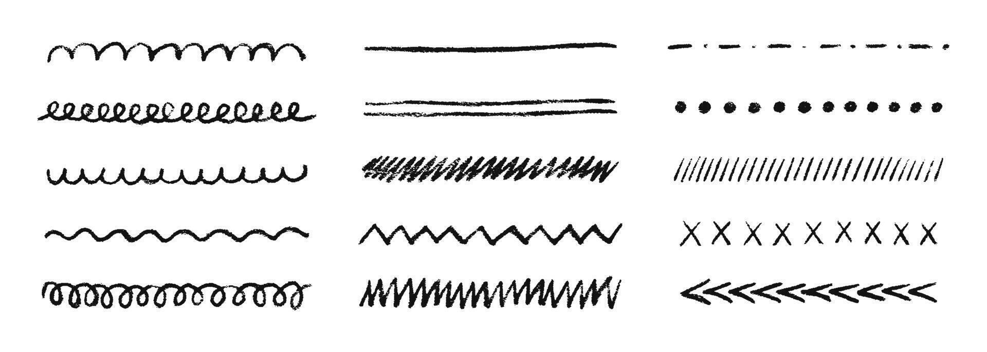 Set hand drawn crayon stripes and pencil underlines doodle, chalk scribbles, charcoal strikes for notes. Grunge texture. Collection of squiggly, wavy, zigzag lines. illustration vector