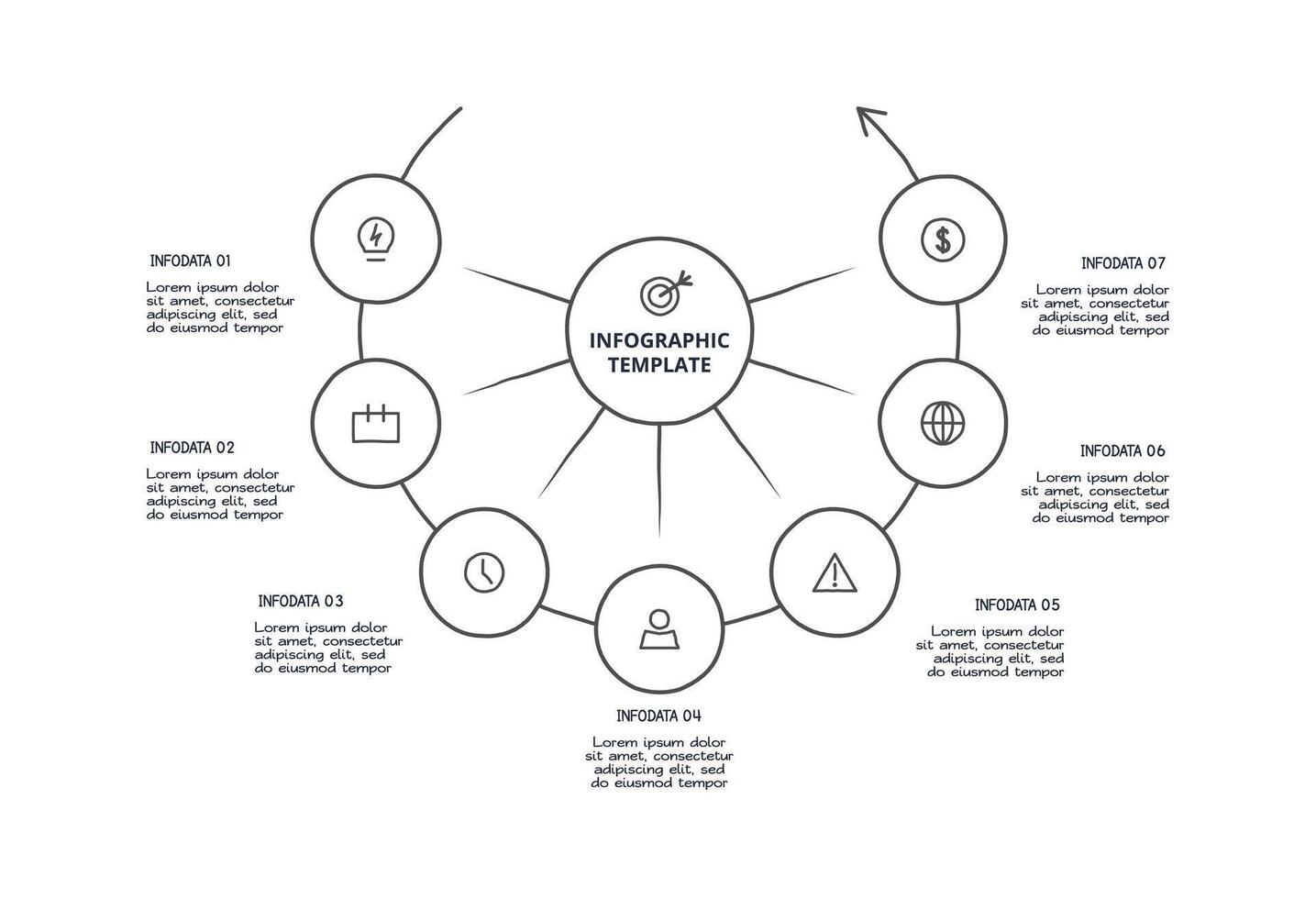 Doodle infographic with 7 options. vector