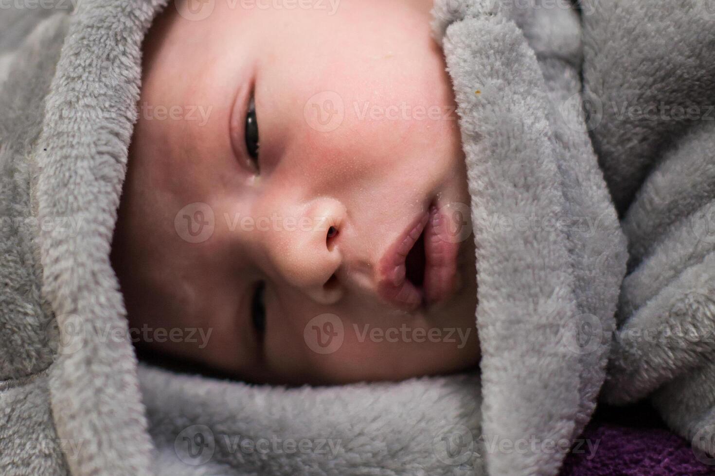 A baby wrapped in a blanket photo
