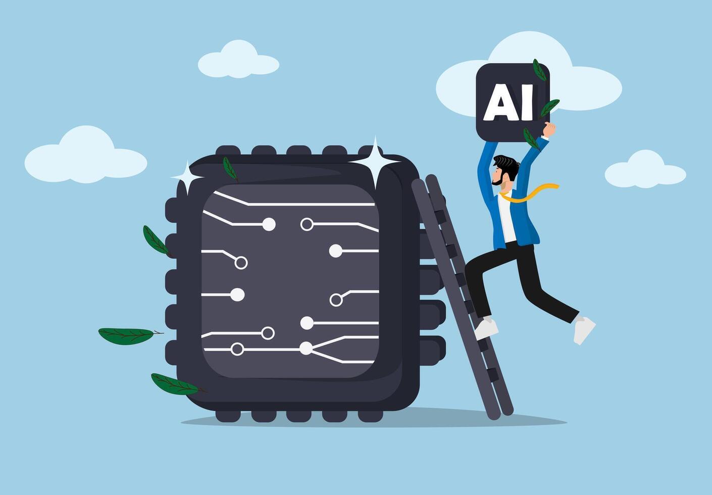 Young businessman holding AI, adoption of Artificial Intelligence, users or people who use AI to help and support work success, businessman carrying AI processing chip vector