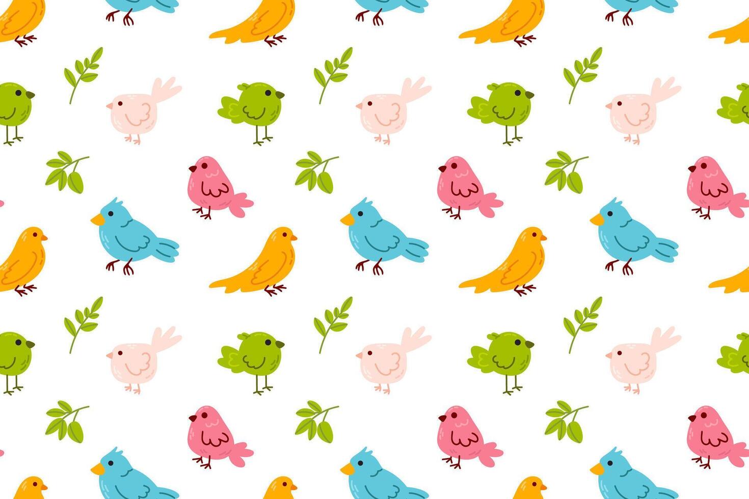 Seamless pattern of adorable birds and green leaves on a white background. Great for nursery decor, greeting cards, and textiles vector
