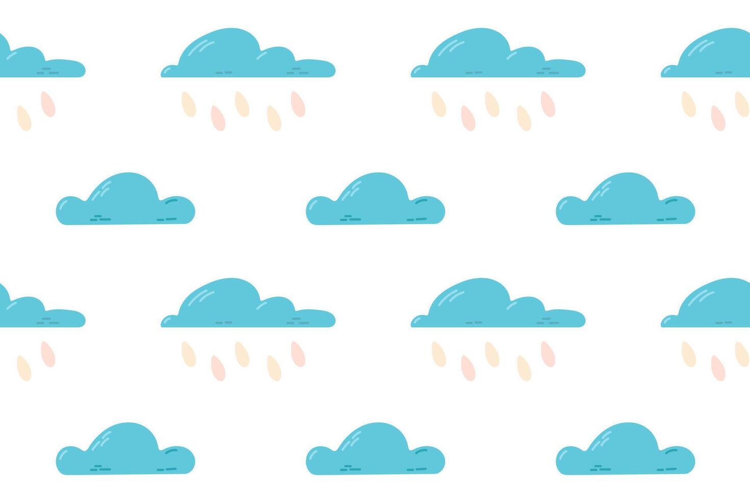 A seamless pattern of fluffy blue clouds with raindrops on a white background. Ideal for weather-themed designs and children's textiles. vector