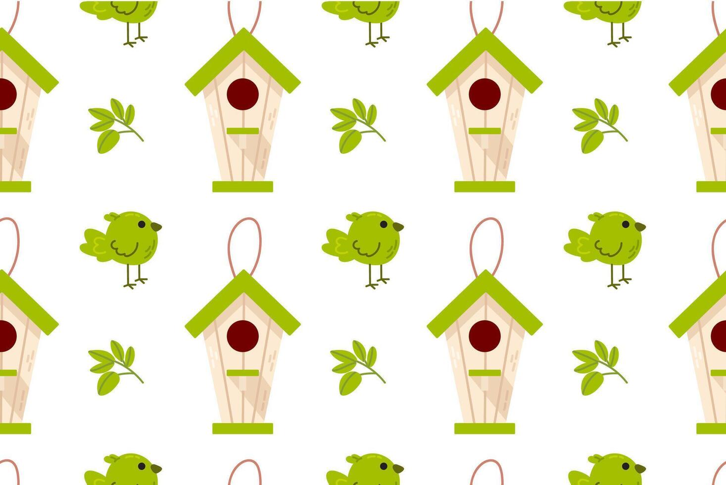A charming seamless pattern of wooden birdhouses with green accents. Great for fabric, wallpaper, and springtime projects. vector