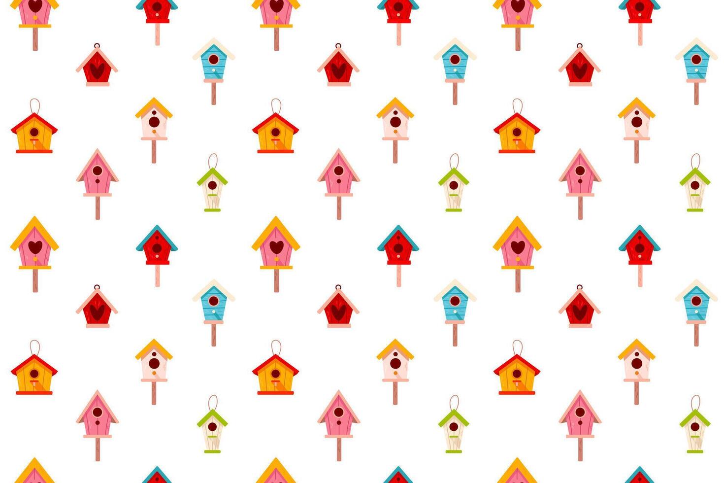 Seamless repeating pattern of bright red and yellow birdhouses. Ideal for wallpaper, wrapping paper, and fabric vector