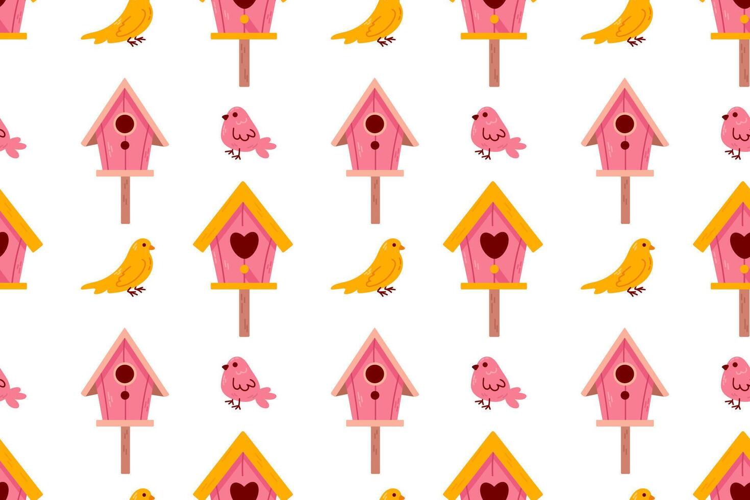 Seamless pattern featuring pastel birdhouses and cute birds on a white background. Perfect for fabric, wrapping paper, and spring-themed designs. vector