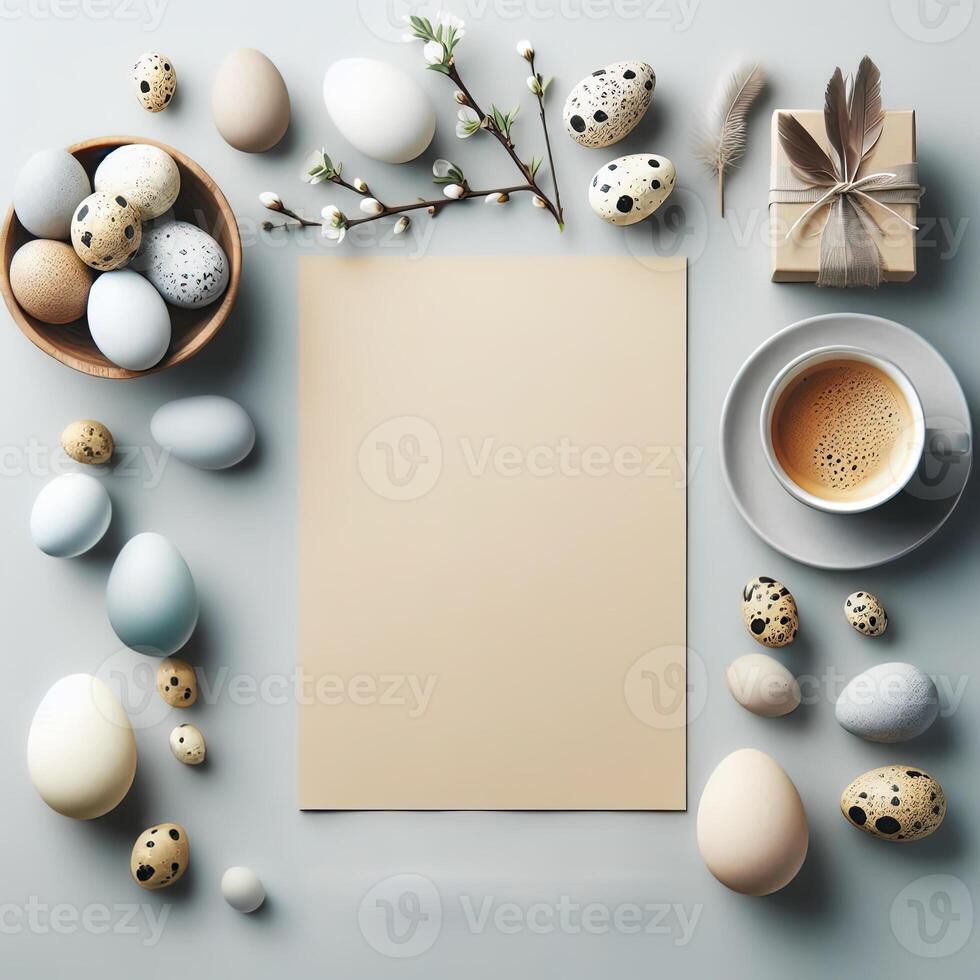 Easter egg background with paper, coffee cup, and spring flowers photo
