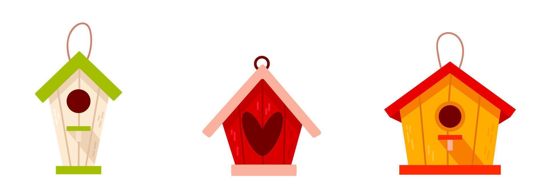 A cozy set of hand-drawn birdhouses with heart accents. Cute, rustic, and colorful, perfect for stickers, spring designs, and childrens illustrations. vector