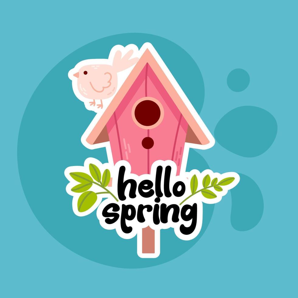 Floral Birdhouse Sticker with Bird. A pastel pink birdhouse sticker with flowers and birds, featuring Hello Spring text. Great for seasonal designs and stationery. vector