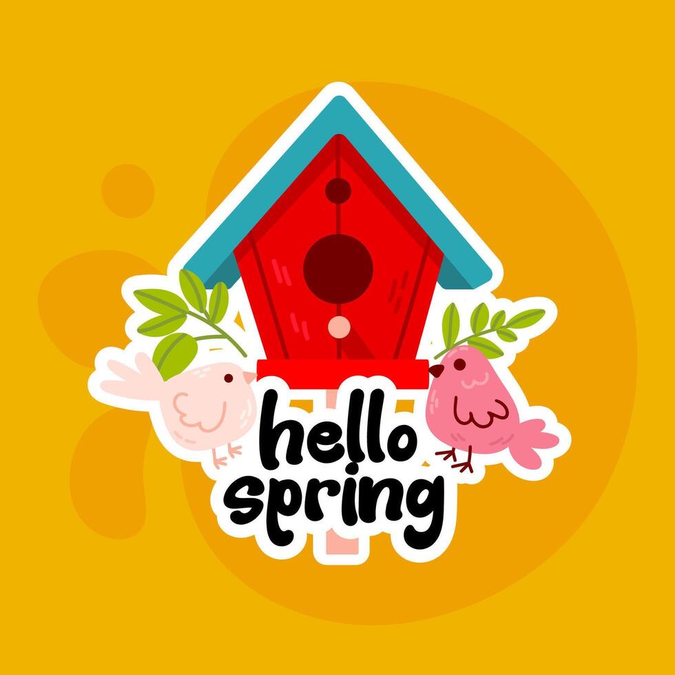 A bright red birdhouse with birds, flowers, and Hello Spring text. A cute and cheerful sticker for seasonal crafts and decor. vector