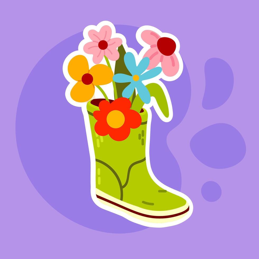 A cute sticker of a green rubber boot filled with colorful flowers. Great for seasonal greeting cards, digital decor, and nature-themed projects. vector