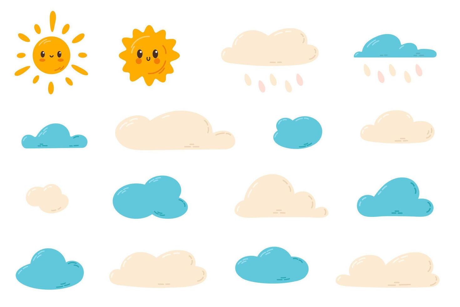 Set of suns and fluffy clouds in blue and beige tones. A beautiful design for childrens textiles, wallpapers, and decor. vector