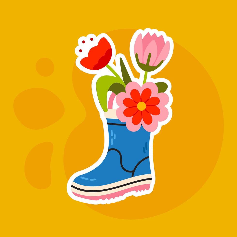 Blue rubber boot filled with spring tulips. Ideal for crafts, digital stickers, and floral designs. vector