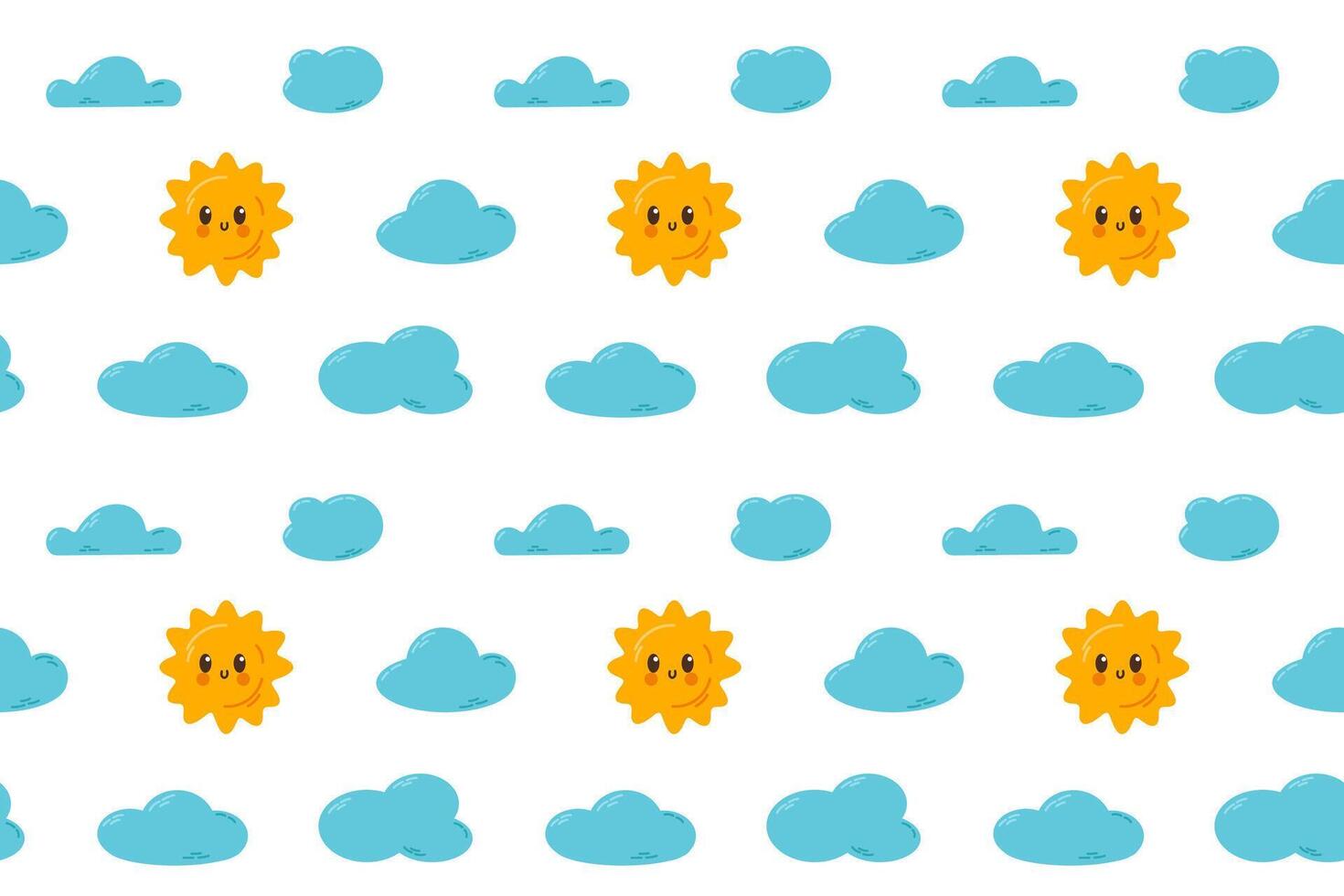 A seamless pattern of sun and fluffy blue clouds on a white background. Perfect for baby textiles, wallpapers, and digital designs. vector