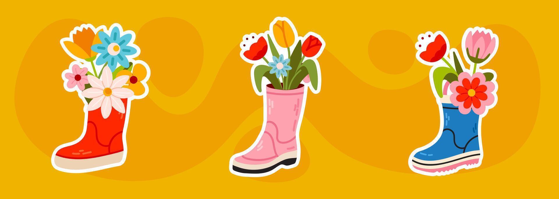 A sticker set of colorful rubber boots filled with spring flowers. A cheerful illustration for scrapbooking, greeting cards, and seasonal decorations. vector