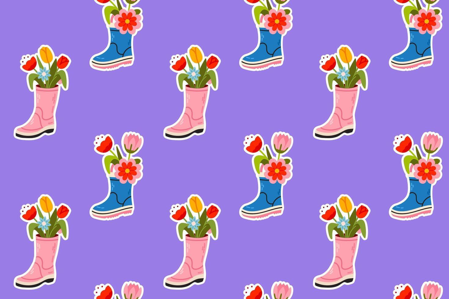 A seamless pattern of floral rain boots on a purple background. A fun and playful design for fabric, stationery, and seasonal decor. vector