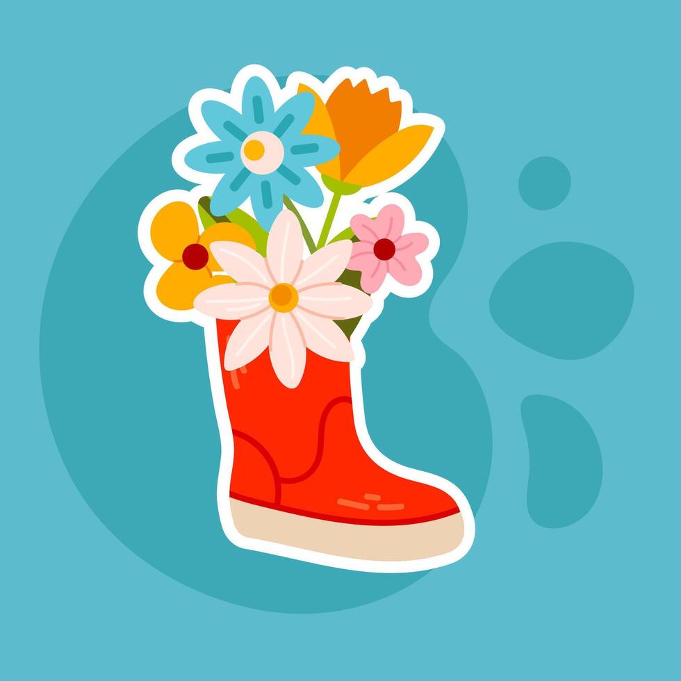 A cute sticker of a red rubber boot filled with colorful flowers. Great for seasonal greeting cards, digital decor, and nature-themed projects. vector