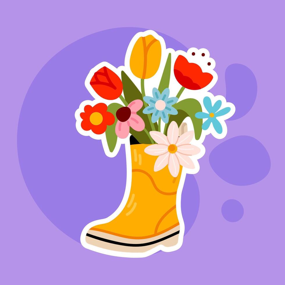 A cute sticker of a yellow rubber boot filled with colorful flowers. Great for seasonal greeting cards, digital decor, and nature-themed projects. vector