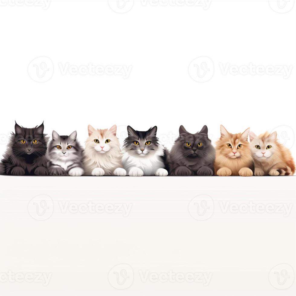 A row of cats sitting on a white background photo