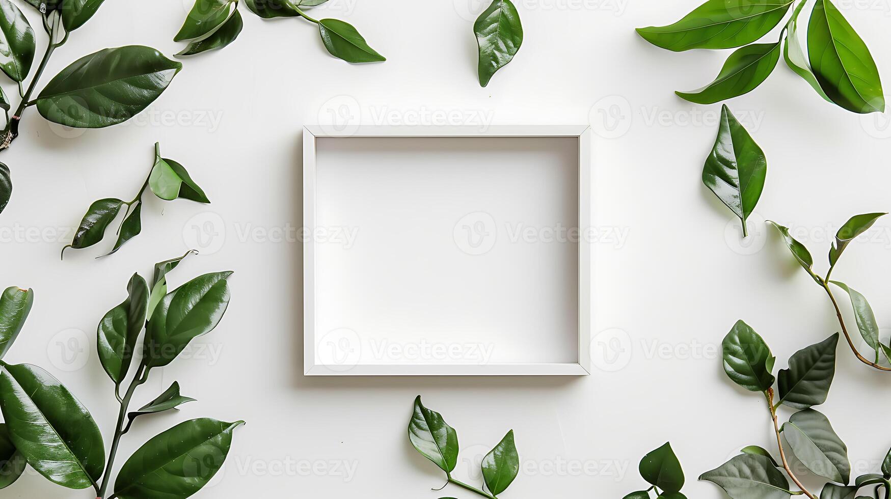 White frame with green leaves on white background. Flat lay, top view. photo