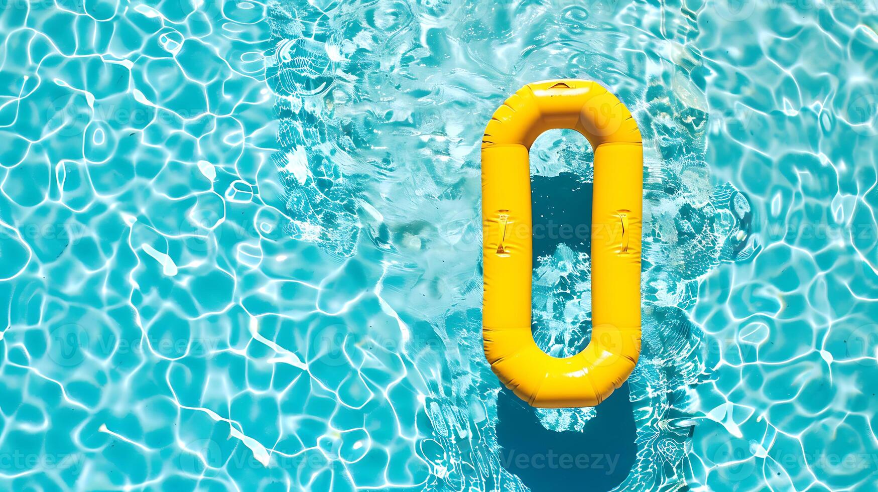 Inflatable yellow life preserver floating in the pool against blue water, top view photo