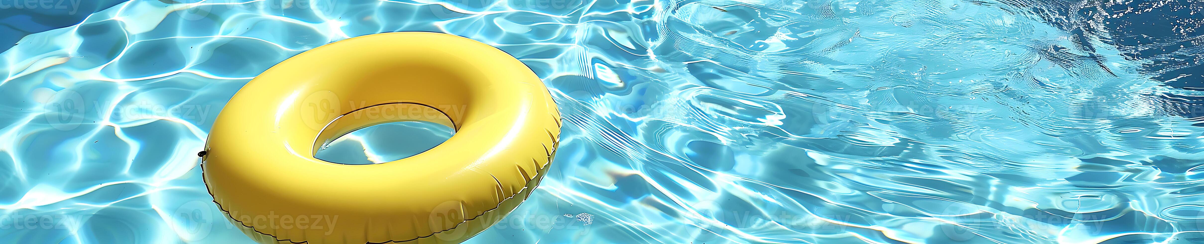 Yellow inflatable ring floating in swimming pool, panoramic banner photo
