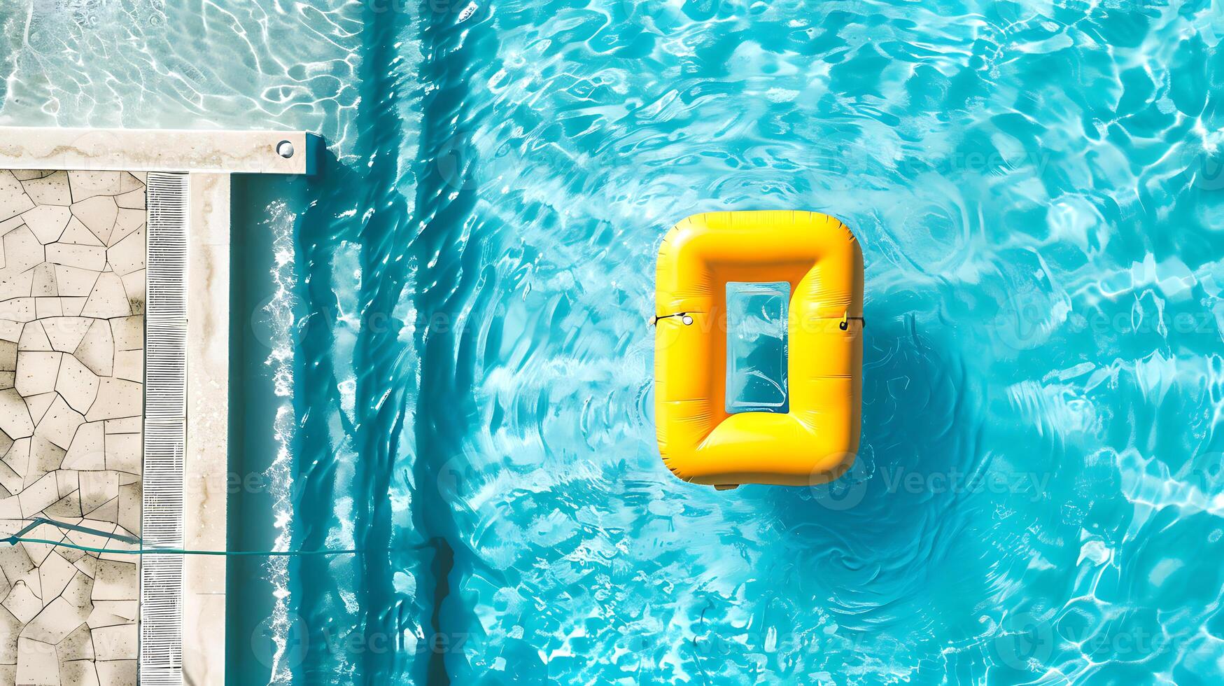Swimming pool with yellow inflatable ring in swimming pool, top view photo