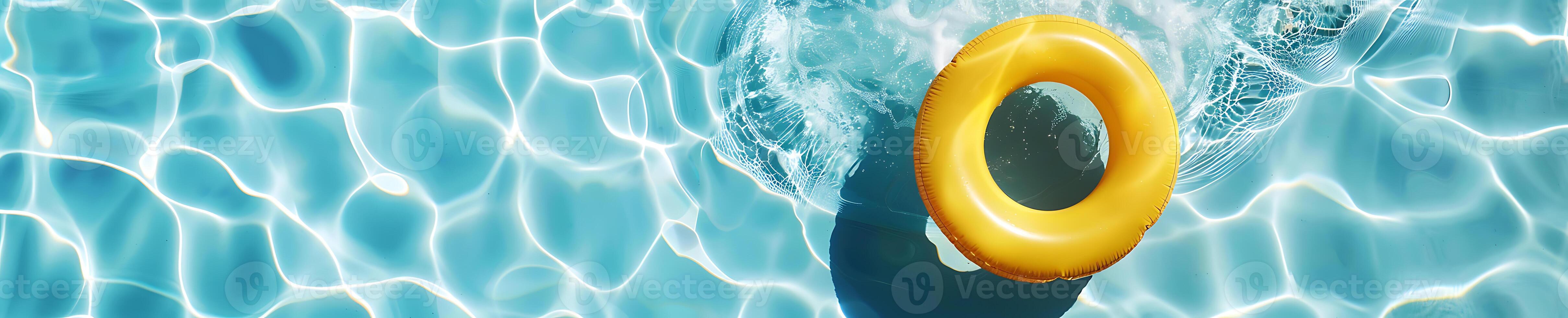 Yellow inflatable ring floating in swimming pool, panoramic baner photo