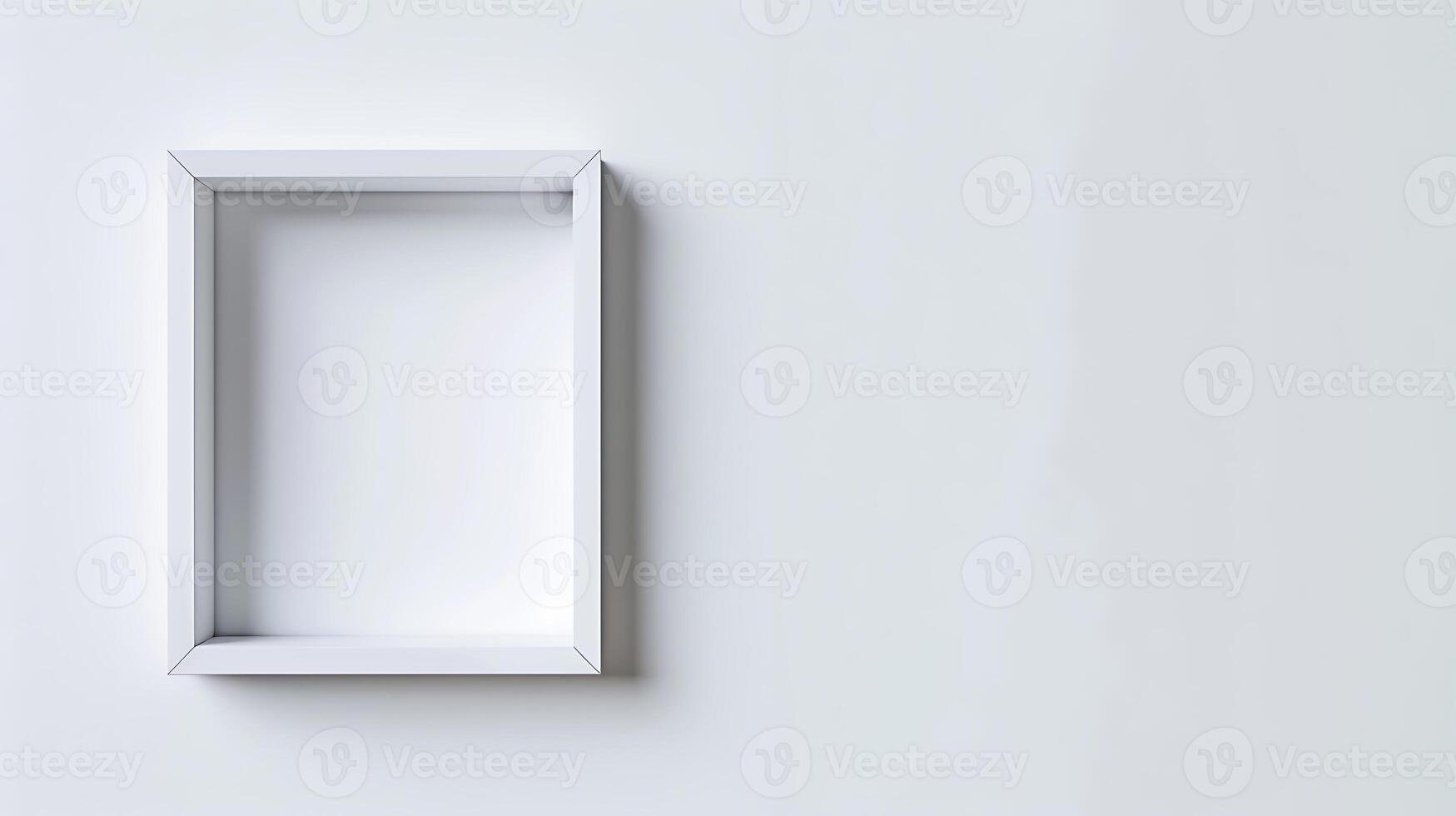 Blank square white photo frame on a white wall.