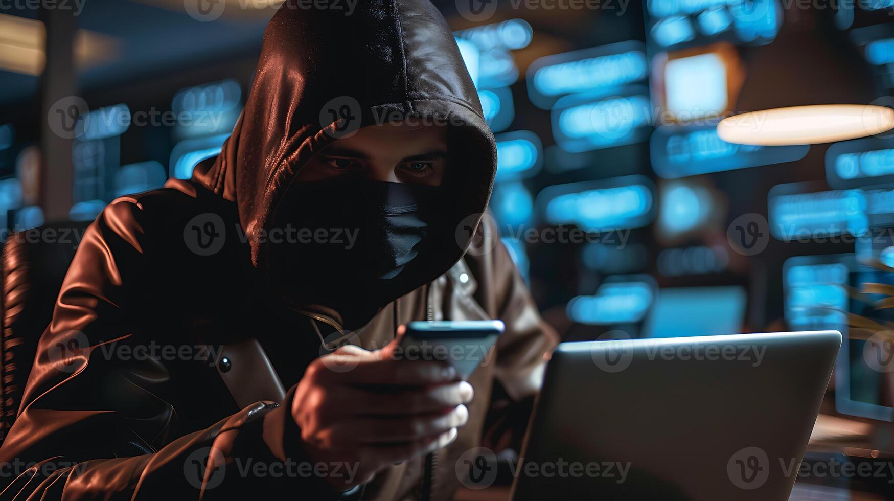 cropped view of hacker in mask using laptop and smartphone in office photo