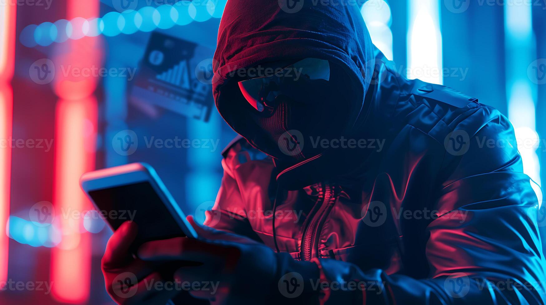 Hooded man using smartphone in the dark. Cybercrime concept. photo