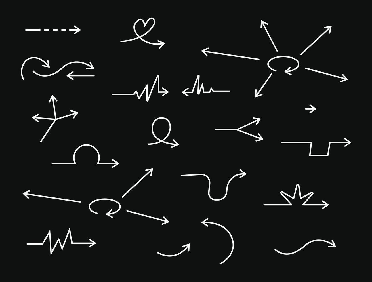 Arrow hand drawn sketch icon set. Doodle sketch hand drawn direction element set. Pencil doodle flat line design cartoon elements. Scribble swirl arrow sign. vector