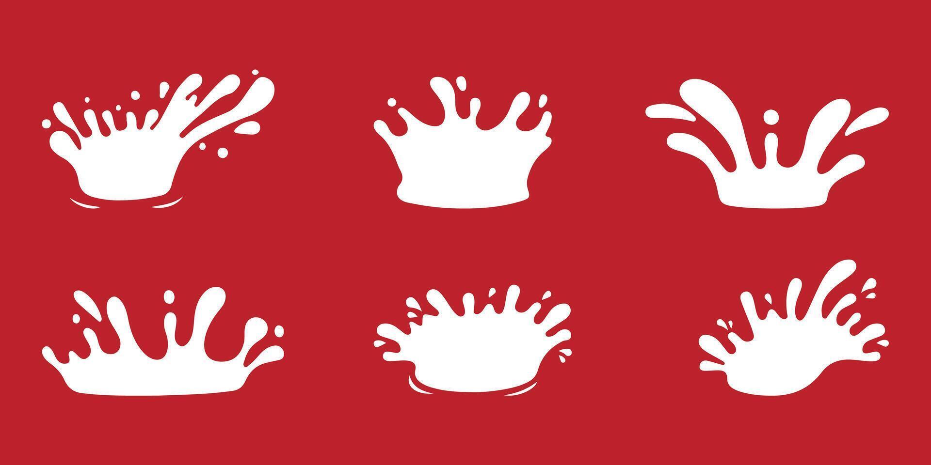 Milks splash for health food store, dairy logo label. White milk splash set on red background. vector