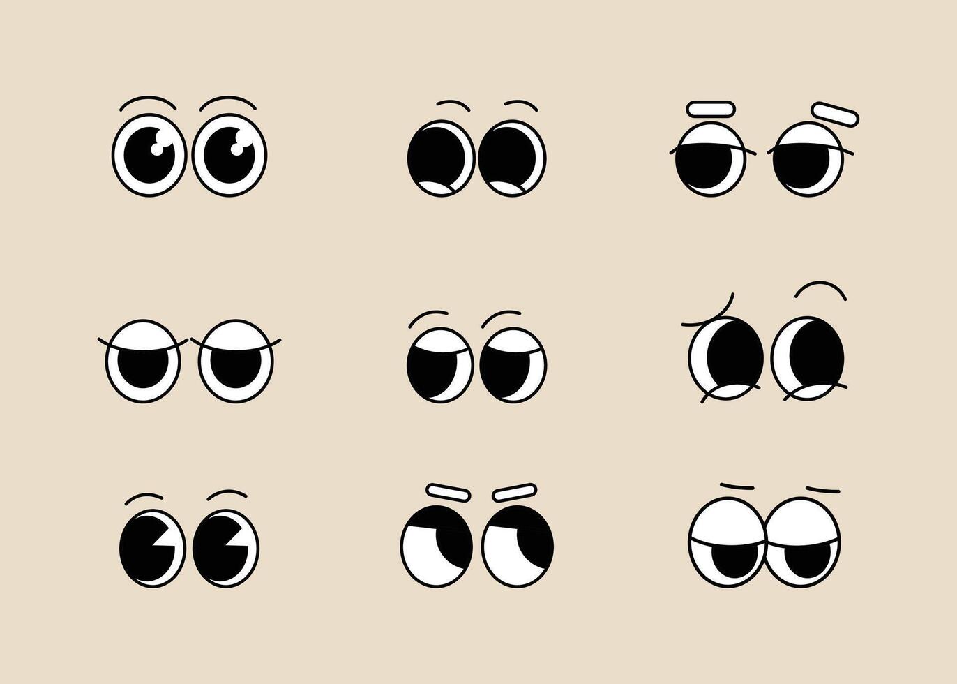 Set of groovy comic faces . Collection of cartoon character faces. Eyes Expression on Background illustration. vector