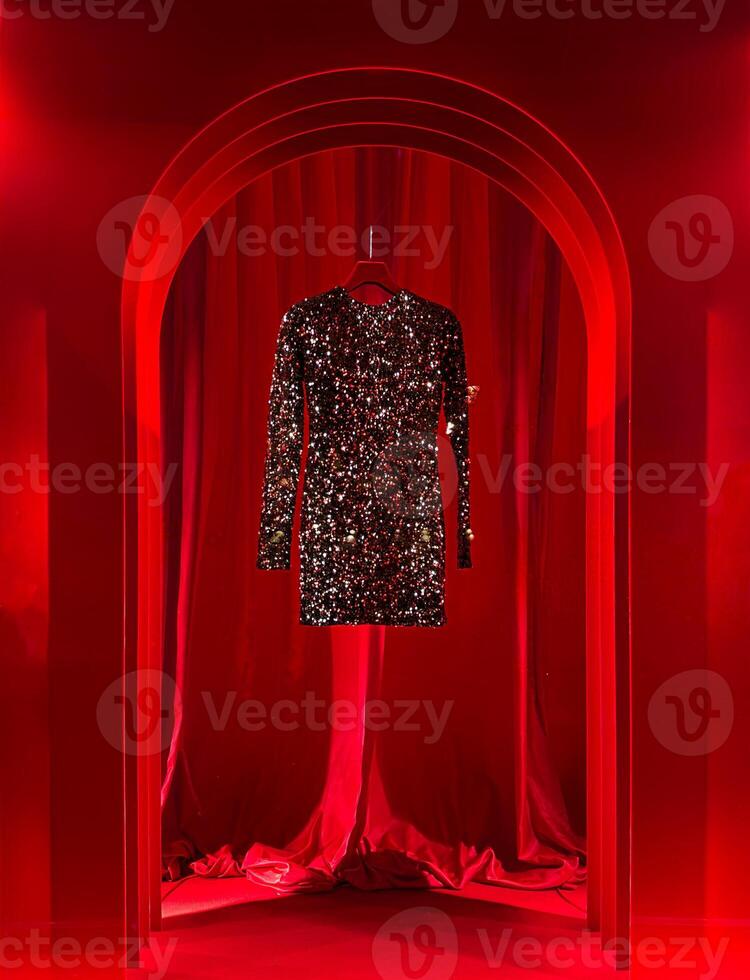 A dazzling black sequin dress, perfect for ringing in the New Year, is showcased under bold red lighting in a stylish fashion showroom, exuding glamour and festive elegance for a memorable celebration photo