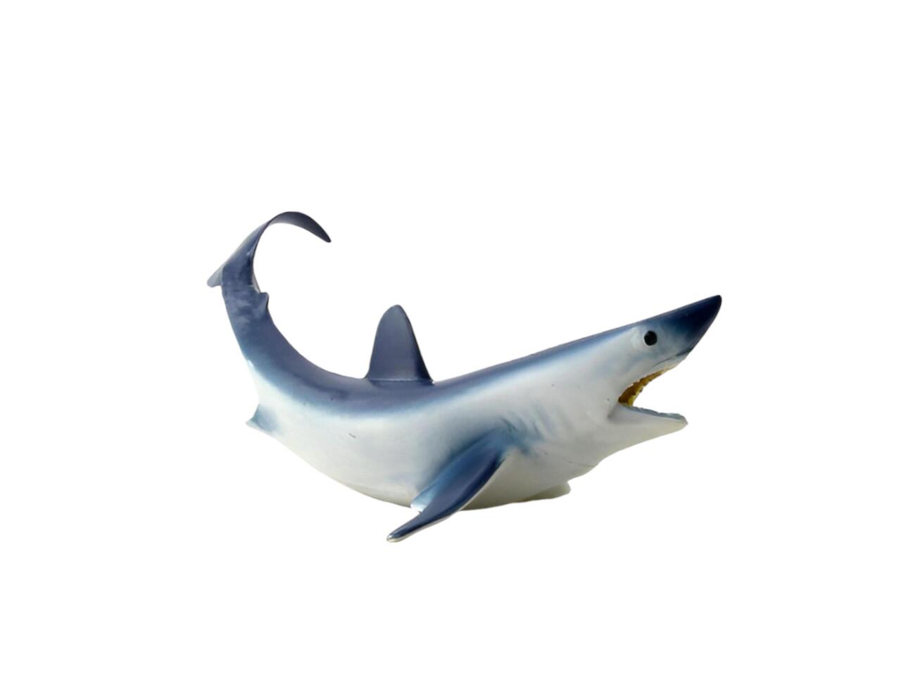 A blue and white shark figurine on a white background photo