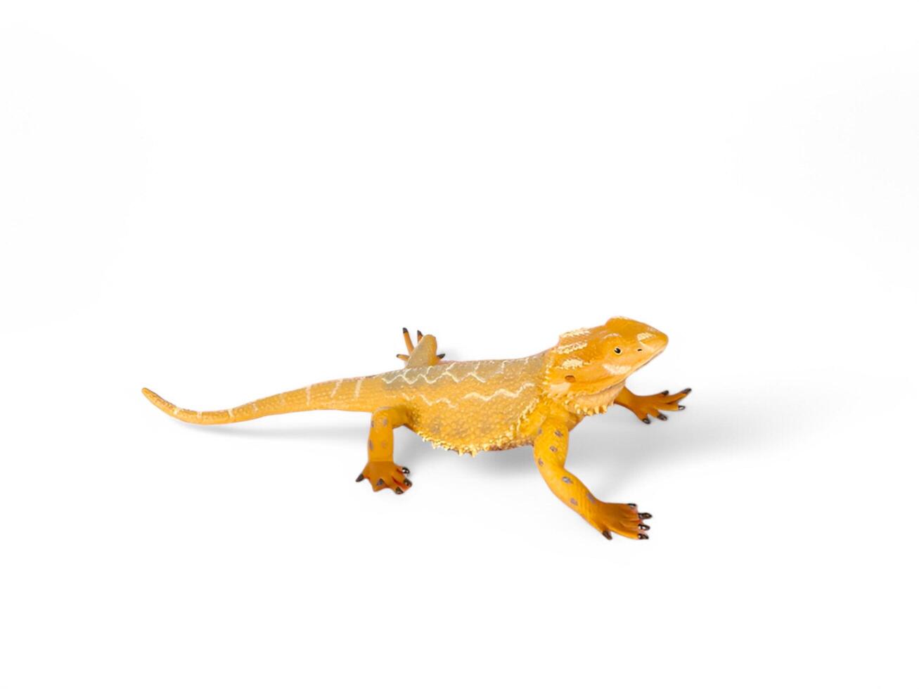 A toy lizard is shown on a white background photo