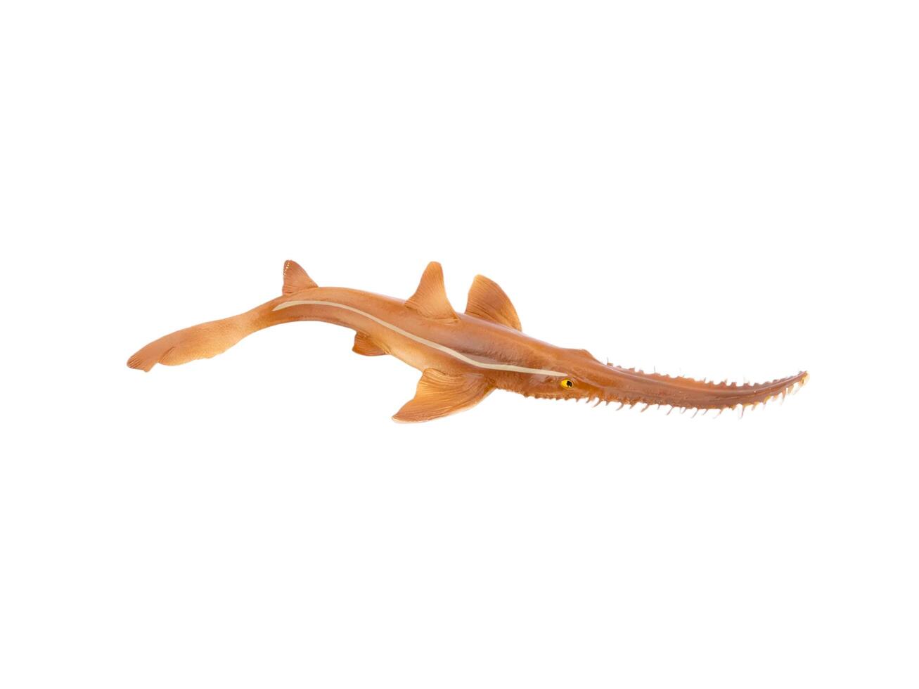 A plastic saw shark with long fins on a white background photo