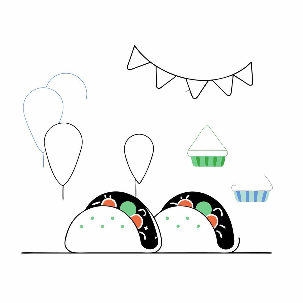 Party Tacos Fun Line Art Illustration, Festive Colors. vector